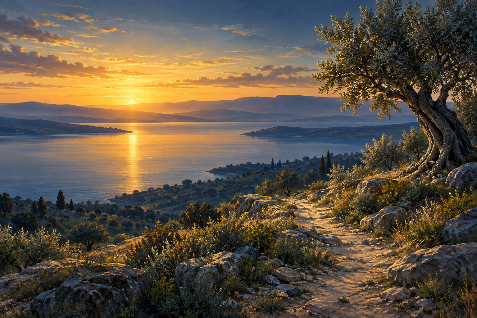 A sunlit path and olive tree overlooking a peaceful lake